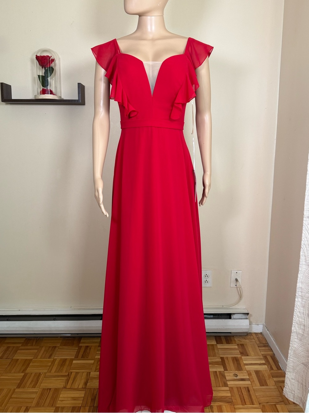 Elegant Red Flutter-Sleeve Maxi Dress